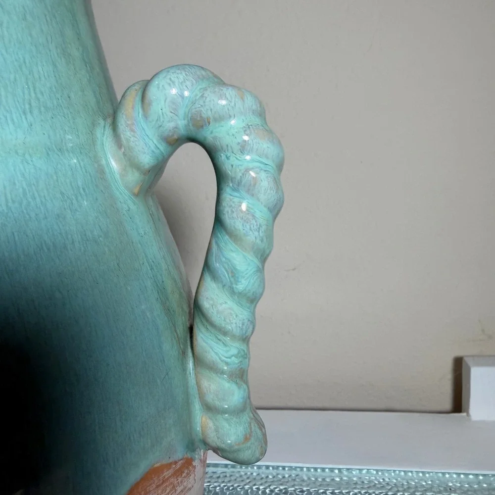 Terracotta Lion Head Vase Turquoise Drip Glaze Twisted Handle Amphora 11.25